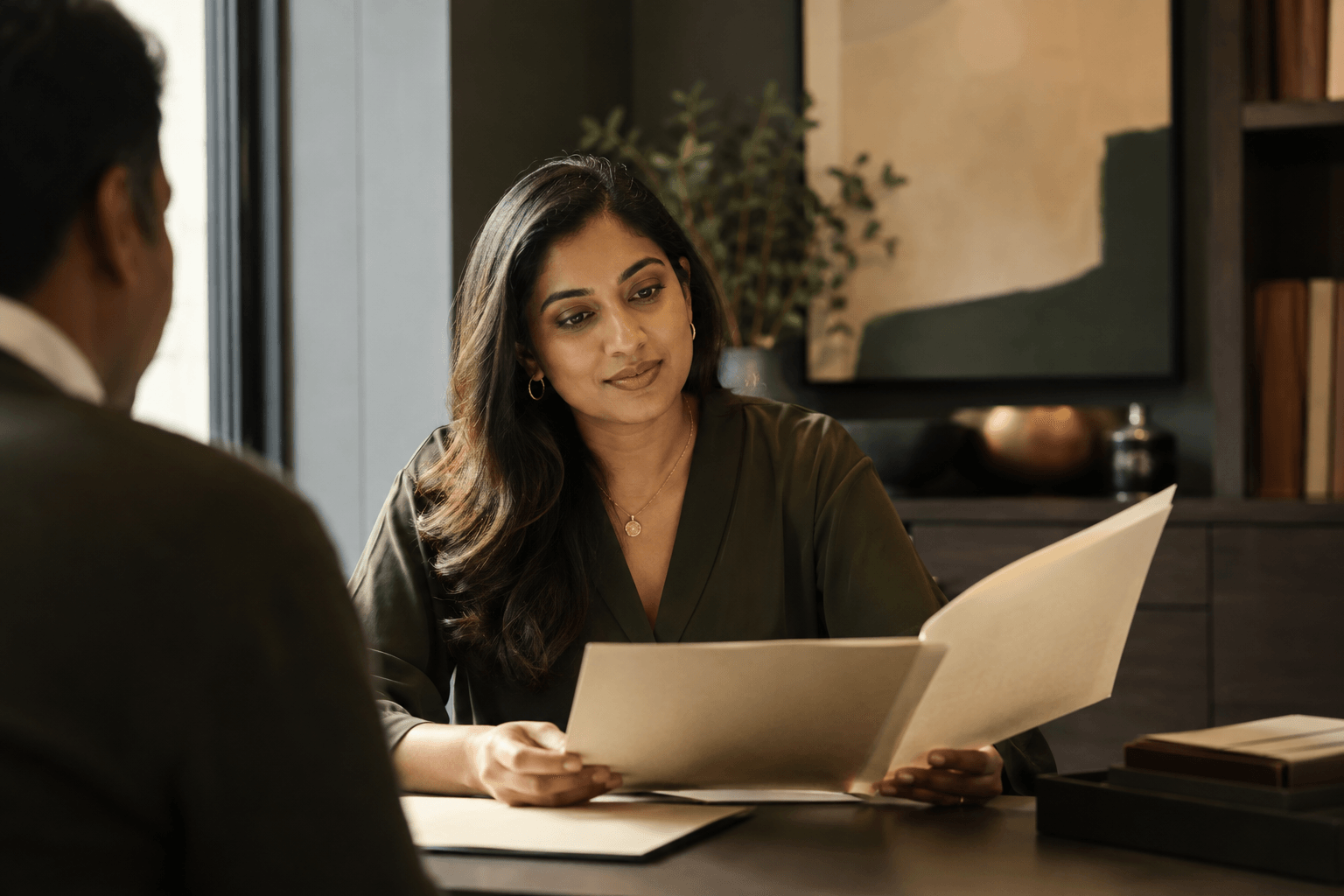 Amina Rahman, Tax Planning Lead, guiding a client conversation.