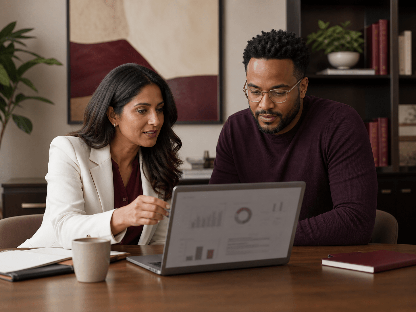 Advisor and growing-company founder reviewing a management dashboard